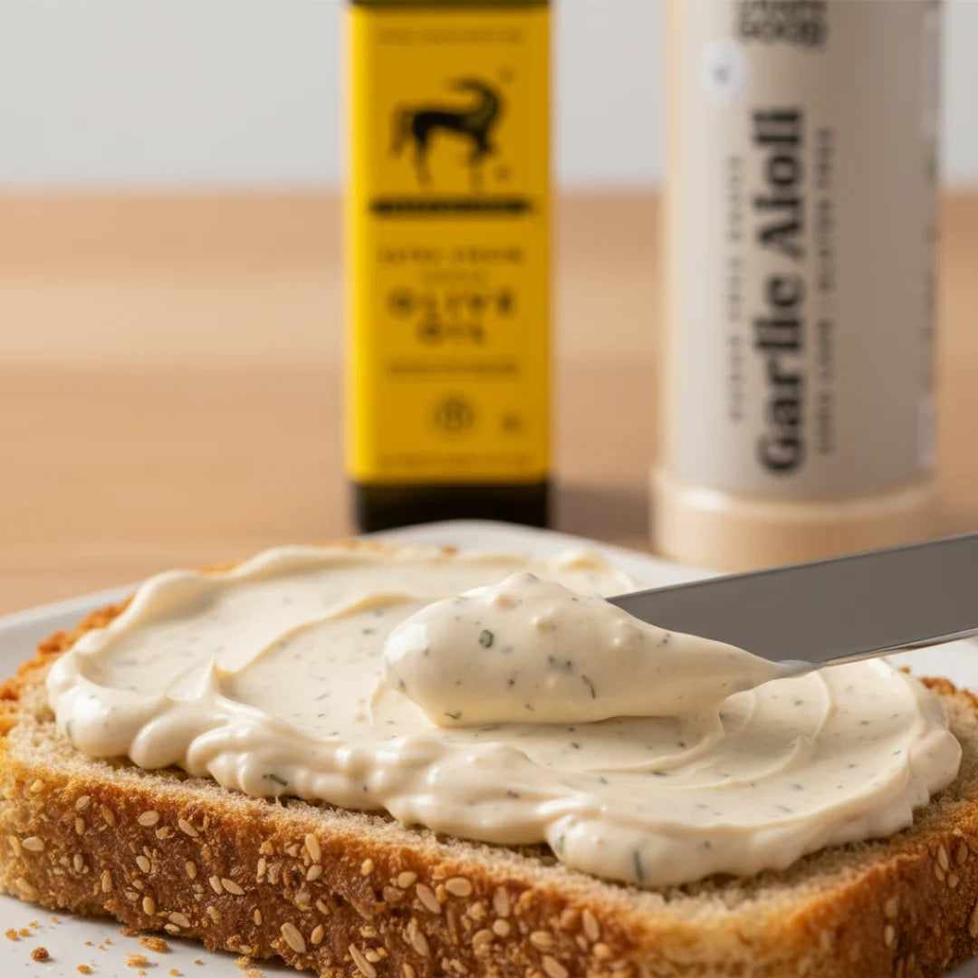 Extreme close-up of thick, creamy Garlic Aioli being spread, highlighting the smooth texture and visible specks of real garlic. Image subtly reinforces the Extra Virgin Olive Oil (EVOO) base.