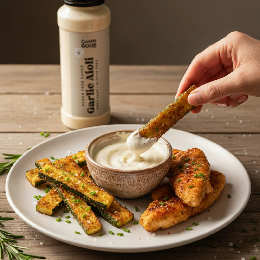 Keto-compliant Garlic Aioli sauce jar visible in the background of a dinner plate. Food is being dipped into the damn good garlic aioli, emphasizing it is a satisfying, zero-sugar dip for low-carb snacks and meals.