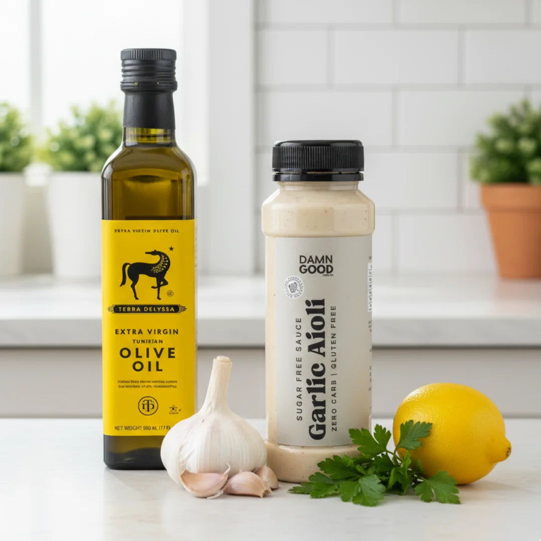 Damn Good Garlic Aioli jar positioned next to its core clean ingredients: a whole garlic head, a lemon, and a bottle of Extra Virgin Olive Oil. Focuses on the ZERO SUGAR and NO CANOLA commitment.